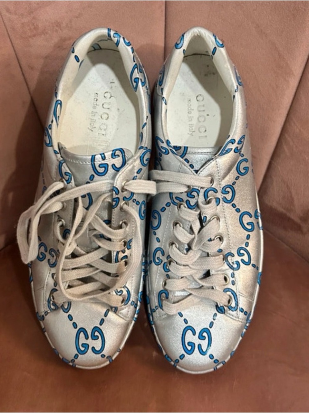 Gucci Silver Sneakers with Blue GG Print